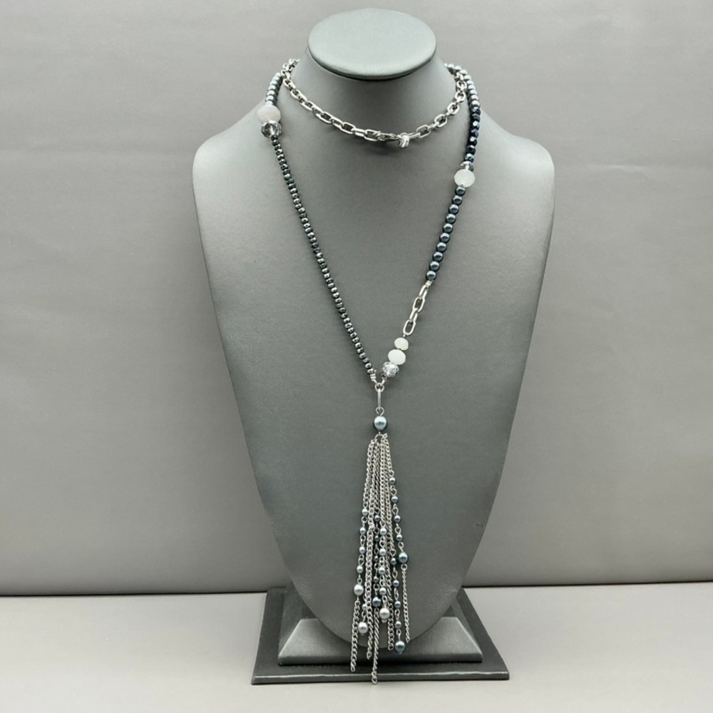 LOFT Necklace Women Silver Gray Beaded Tassel Faux Pearl Crystal Long Statement